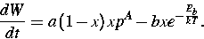 \begin{displaymath}
\frac{dW}{dt}=a\left( 1-x\right) xp^{A}-bxe^{-\frac{E_{b}}{kT}}.\end{displaymath}