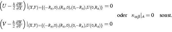 \begin{displaymath}
\begin{array}
{ccc}
\left( U-\frac{h}{2}\frac{\partial W}{\p...
 ...ight) ,U\left( 0,R_{A}\right) \right\} }=0\quad & & \end{array}\end{displaymath}