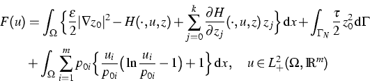 \begin{displaymath}
\begin{split}
F(u)&=\int_\Omega\Big\{\frac{\varepsilon}{2}\v...
 ...+1\Big\}\,\text dx\,,
\quad u\in L^2_+(\Omega,\IR^m)\end{split}\end{displaymath}
