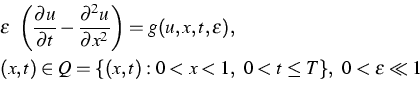 \begin{displaymath}
\begin{array}
{l}\displaystyle
\varepsilon \ \left(\frac{\pa...
 ... < x < 1, \ 0 < t \le T \}, \ 0 < \varepsilon
 \ll 1\end{array}\end{displaymath}