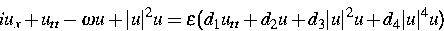 \begin{displaymath}
i u_x + u_{tt} - \omega u + \vert u\vert^2 u = \epsilon(d_1 u_{tt} 
+ d_2 u + d_3 \vert u\vert^2 u + d_4 \vert u\vert^4 u)\end{displaymath}