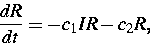 \begin{displaymath}
\!\frac{dR}{dt} = - c_1IR - c_2R ,\end{displaymath}