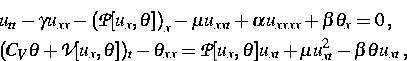 \begin{eqnarray}
 &&u_{tt} - \gamma u_{xx} - \left({\cal P} [u_x, \theta]\right)...
 ... P}
 [u_x, \theta] u_{xt} + \mu u^2_{xt} - \beta \theta u_{xt}\, ,\end{eqnarray}