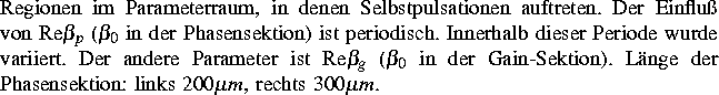 \parbox [t]{0.9\textwidth}
 {Regionen
 im Parameterraum, in denen Selbstpulsatio...
 ...ktion). L\uml {a}nge der
 Phasensektion: links $200 \mu m$, rechts $300\mu m$.}
