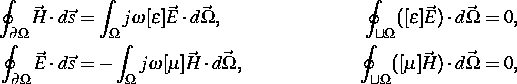 \begin{align}
\oint_{\partial \Omega} \vec H
\cdot d\vec s & = \int_{\Omega}
j\o...
 ... \oint_{\cup \Omega} ([\mu] \vec H) \cdot d \vec
\Omega & = 0 \notag,\end{align}