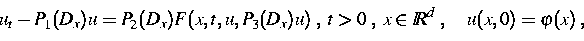 \begin{displaymath}
u_t - P_1(D_x)u = P_2(D_x) F(x,t,u,P_3(D_x)u) \; , \; t\gt \; ,
\; x \in I \! \! R ^d\; , \quad u(x,0) = \varphi(x) \; ,\end{displaymath}