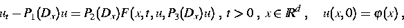 \begin{displaymath}
u_t - P_1(D_x)u = P_2(D_x) F(x,t,u,P_3(D_x)u) \; , \; t\gt \; , 
\; x \in I \! \! R ^d\; , \quad u(x,0) = \varphi(x) \; ,\end{displaymath}