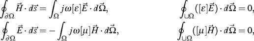 \begin{align}
\oint_{\partial \Omega} \vec H
\cdot d\vec s & = \int_{\Omega}
j\o...
 ... \oint_{\cup \Omega} ([\mu] \vec H) \cdot d \vec
\Omega & = 0 \notag,\end{align}