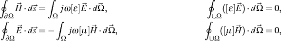 \begin{align}
\oint_{\partial \Omega} \vec H
\cdot d\vec s & = \int_{\Omega}
j\o...
 ... \oint_{\cup \Omega} ([\mu] \vec H) \cdot d \vec
\Omega & = 0 \notag,\end{align}