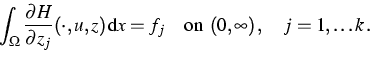 \begin{displaymath}
\displaystyle \int_\Omega\frac{\partial H}{\partial z_j}(\cd...
 ...displaystyle 
\quad\text{on } (0,\infty)\,,\quad j=1,\dots k\,.\end{displaymath}