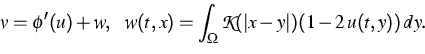 \begin{displaymath}
v = \phi'(u) + w,~~ w(t,x) = \int_\Omega {\cal K}(\vert x-y\vert) (1 - 2\, u(t,y))\, dy.\end{displaymath}