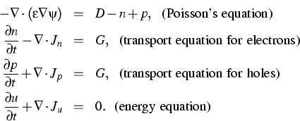 \begin{eqnarray*}
% latex2html id marker 729
-\nabla \cdot (\varepsilon \nabla \...
...artial t} + \nabla \cdot J_u & = & 0. ~~
\text{(energy equation)}\end{eqnarray*}