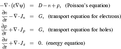 \begin{eqnarray*}
% latex2html id marker 729
-\nabla \cdot (\varepsilon \nabla \...
 ...artial t} + \nabla \cdot J_u & = & 0. ~~
\text{(energy equation)}\end{eqnarray*}