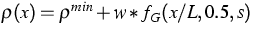 $\varrho(x) = \varrho^{min} + w * f_{G}(x/L,0.5,s)$