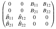 $\displaystyle \begin{pmatrix}
0&0&B_{11}&B_{12}\cr
0&0&B_{21}&B_{22}\cr \hat B_{11}&\hat B_{12}&0&0 \cr \hat
B_{21}&\hat B_{22}&0&0\cr
\end{pmatrix}$