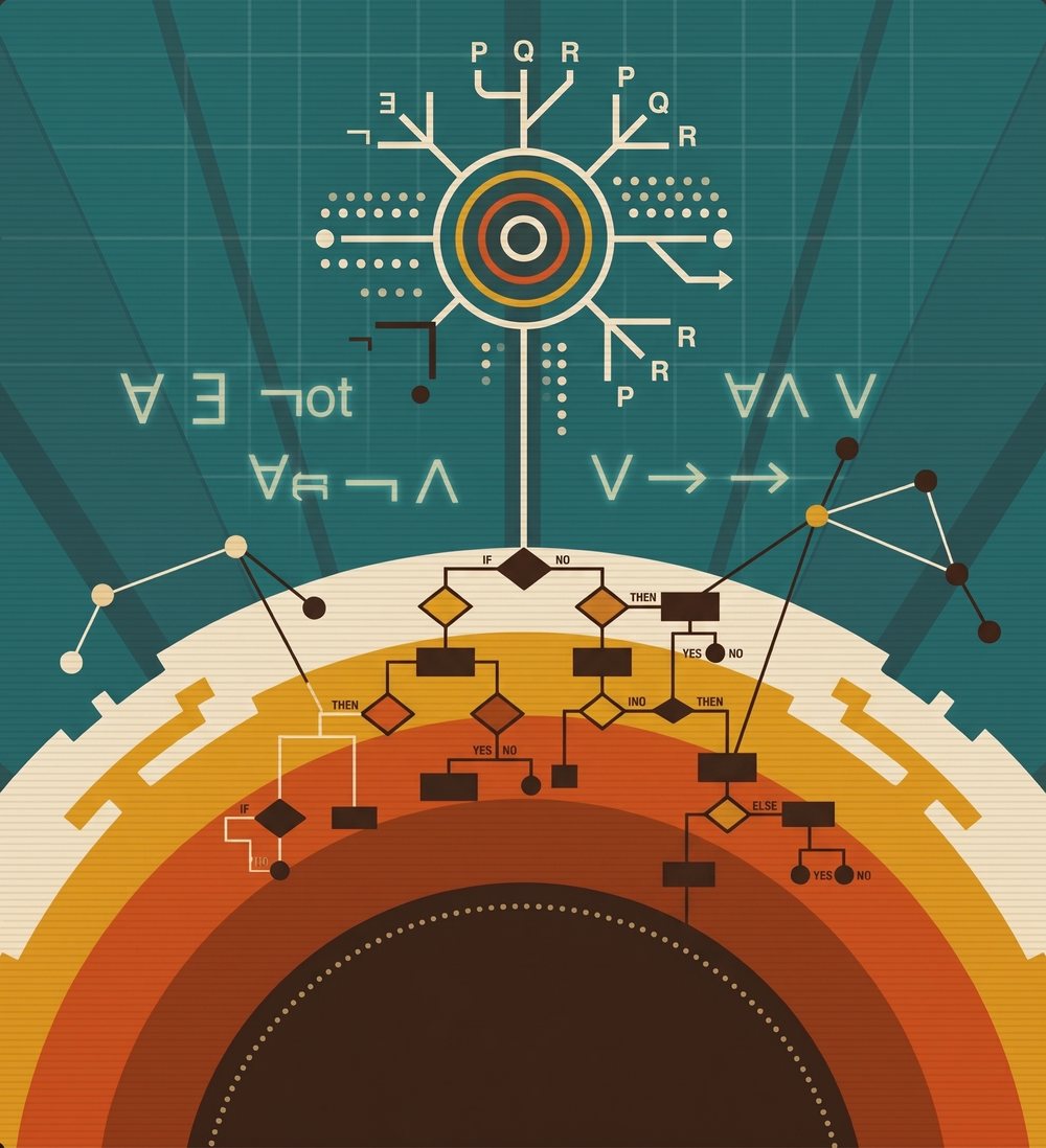 Poster illustration: a circular inference emblem and mirrored glyphs above a striped horizon, with decision-tree diagrams branching through the bands, in teal, orange and cream.