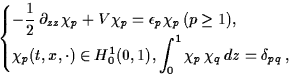 \begin{displaymath}
\displaystyle
\left\{
\begin{array}
{ll}
\displaystyle-\frac...
 ...tyle\int_0^1\chi_p\,\chi_q\,dz=\delta_{pq}\,,\end{array}\right.\end{displaymath}